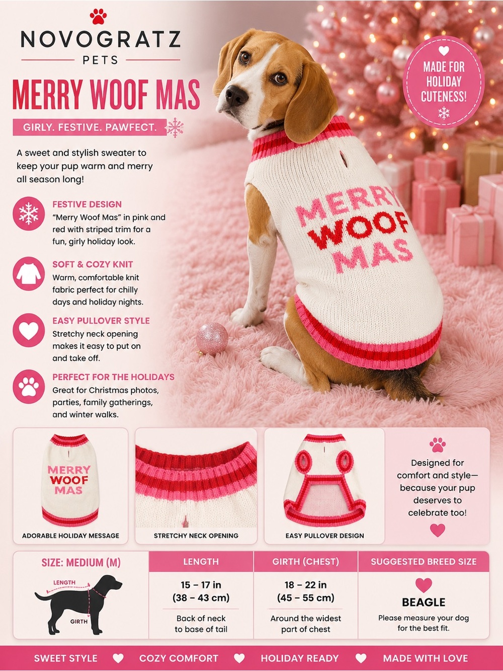 Novogratz Pets Merry Woof Mas Pink & Red Dog Sweater